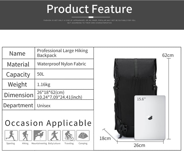 POWER KING 40L Expandable TO 50L Hiking Backpack,Upgraded X-PAC Scratch-proof Lightweight Large Rucksack for Mens Women, Outdoor Roll Top Camping Packsack, Fit for 15.6'' Laptop