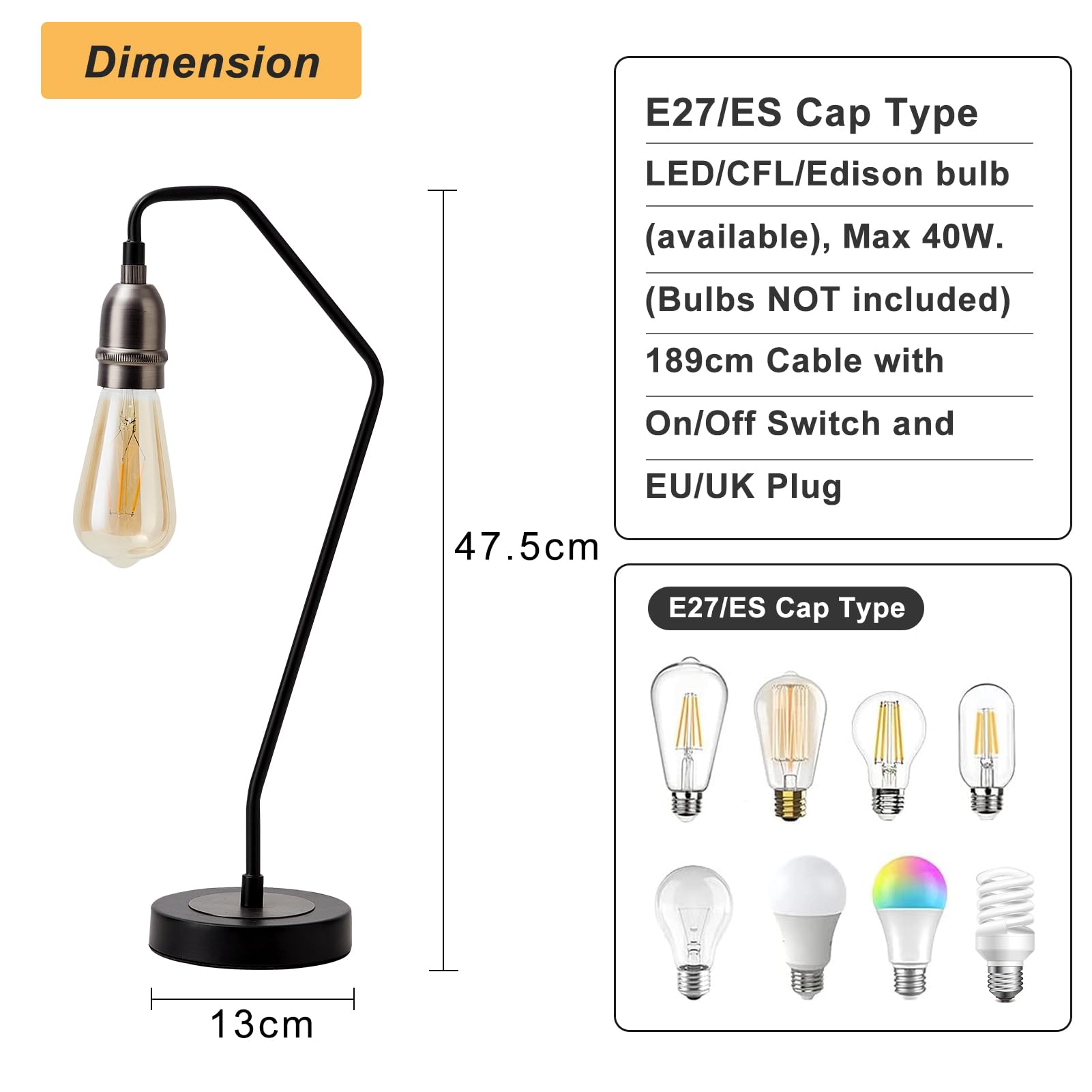 HARPER LIVING Retro Table Lamp, E27 Desk Lamp with 189cm Cable On/Off Switch, Black and Silver Finish, Plug-in Bedside Lamp for Living Room, Bedroom,