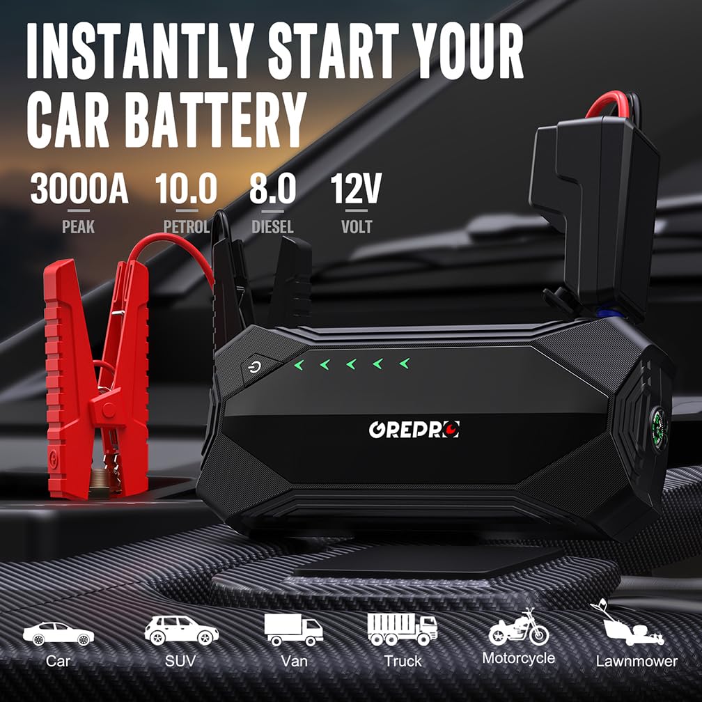 GREPRO Jump Starter Power Pack (Up to 10.0L Gas, 8.0L Diesel), Car Battery Booster Jump Starter for 12V Vehicle, Power bank with 3.0 Quick Charge Dual USB and 15V Out Ports, Flashlight,Compass