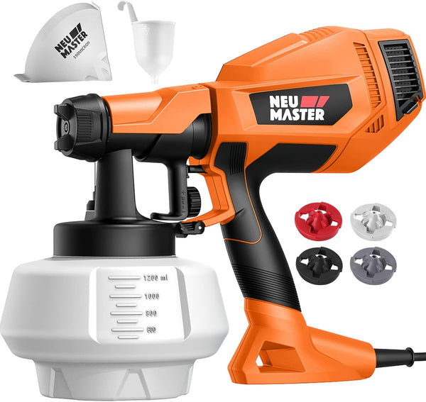 NEU MASTER Paint Sprayer, Orange Fence Paint Sprayer,[500W/1200ml/4 Nozzles/3 Patterns] HVLP Electric Spray Gun for Home Interior and Exterior, Cabinets, House, Fence, Ceiling