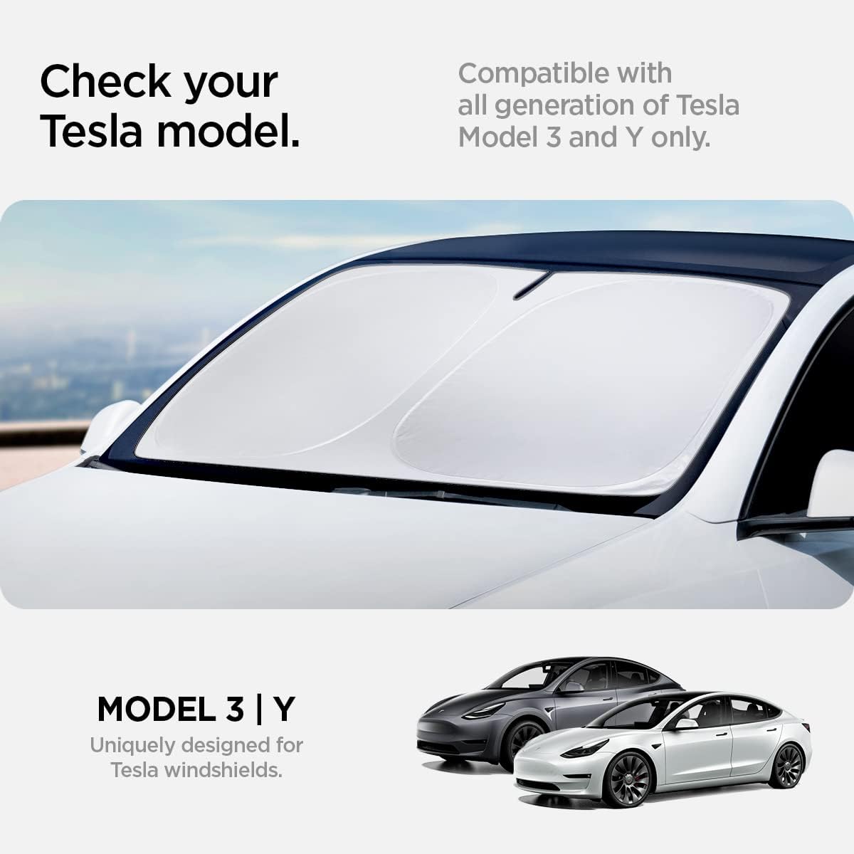 Spigen Tesla Model Y 2025 Juniper and Model 3 Highland 2024 2025 CryoShade Front Windscreen Sunshade, Dual Layered Protection From UV and Heat (Reinforced Velcro Strap), Designed for Tesla Accessories