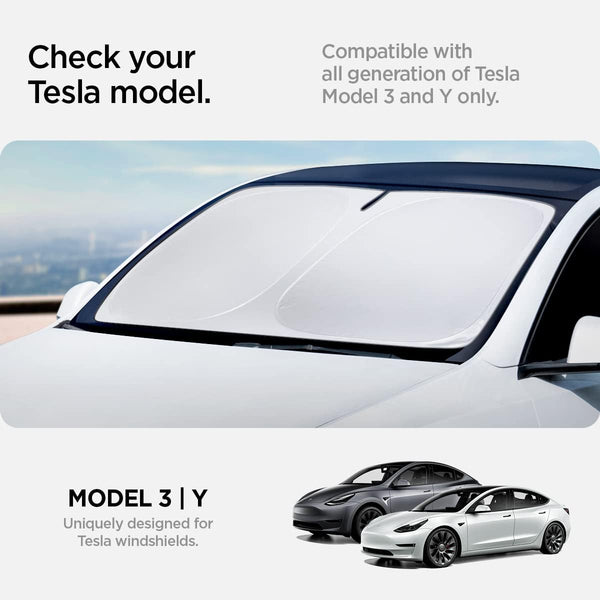 Spigen Tesla Model Y 2025 Juniper and Model 3 Highland 2024 2025 CryoShade Front Windscreen Sunshade, Dual Layered Protection From UV and Heat (Reinforced Velcro Strap), Designed for Tesla Accessories