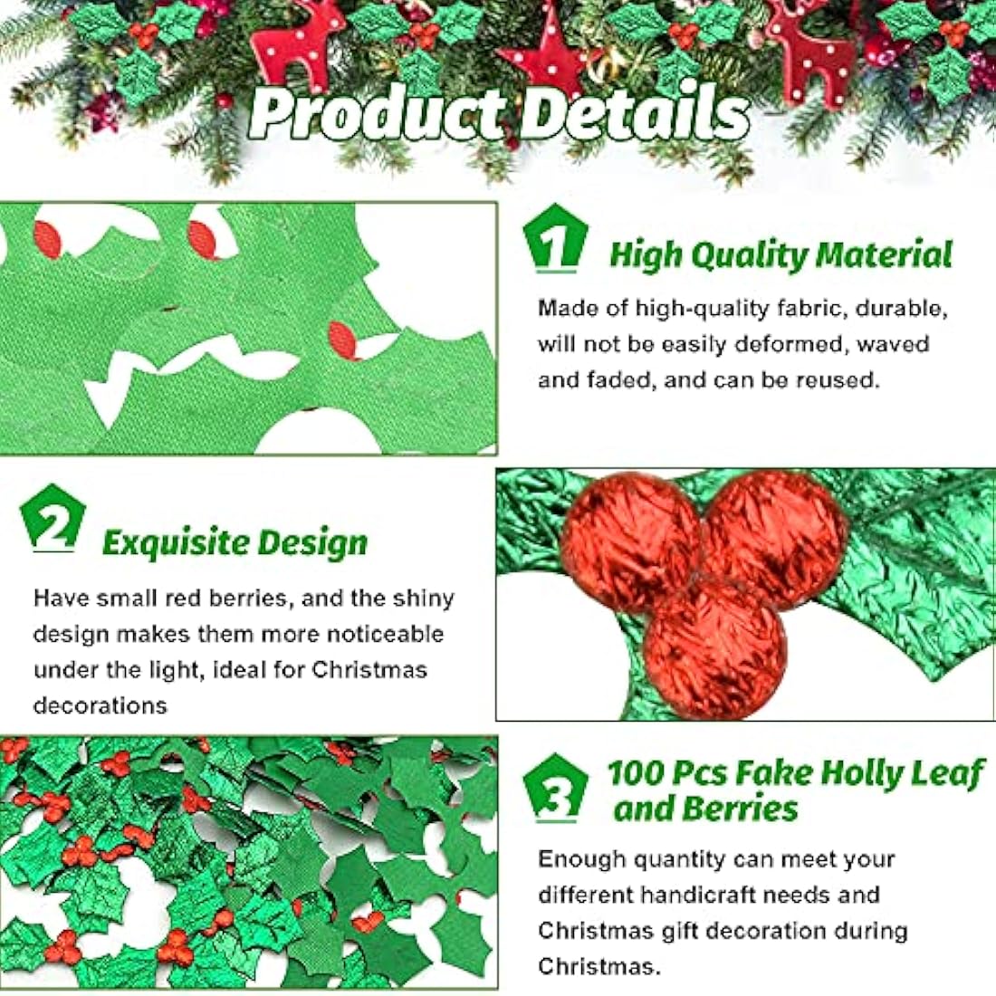 AFASOES 100 Pcs Artificial Holly Berry Leaves, Holly Leaves and Berries for Craft, Mini Triple Leaf Holly Berries Christmas Holly and Berry for Christmas Cake Topper Gift Box Decorations Crafts, 5cm