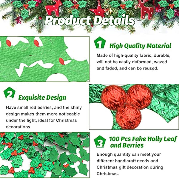 AFASOES 100 Pcs Artificial Holly Berry Leaves, Holly Leaves and Berries for Craft, Mini Triple Leaf Holly Berries Christmas Holly and Berry for Christmas Cake Topper Gift Box Decorations Crafts, 5cm