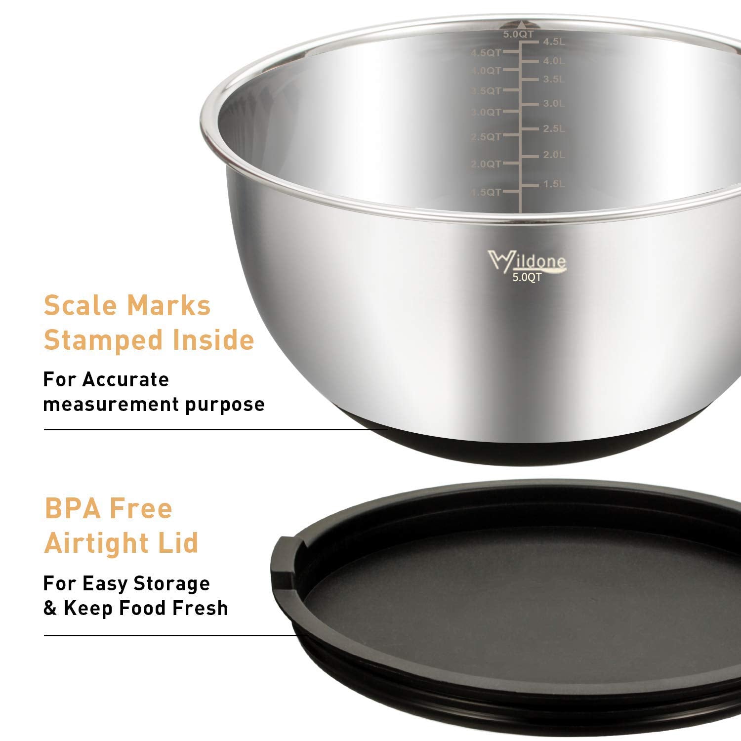 Wildone Mixing Bowls Set of 5, Stainless Steel Nesting Bowls with Airtight Lids, 3 Grater Attachments, Measurement Marks & Non-Slip Bottoms, Size 5,