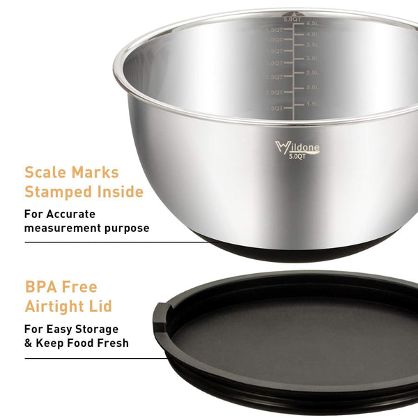 Wildone Mixing Bowls Set of 5, Stainless Steel Nesting Bowls with Airtight Lids, 3 Grater Attachments, Measurement Marks & Non-Slip Bottoms, Size 5,