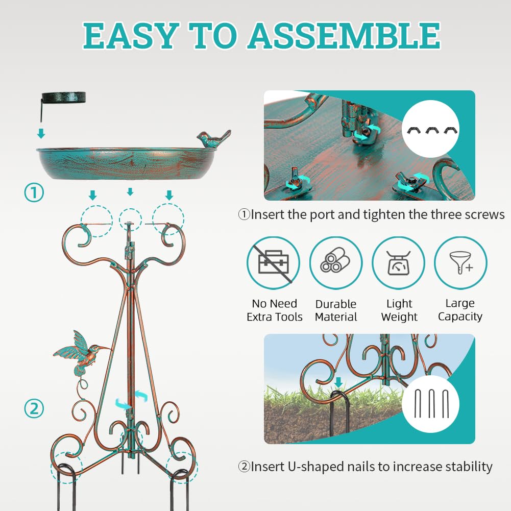 dreamysoul Bird Bath 12" Dia Bowl, Metal Birdbath with Feeder, Pedestal Bird Baths for Outside Outdoors Garden Patio Yard (Bronze)