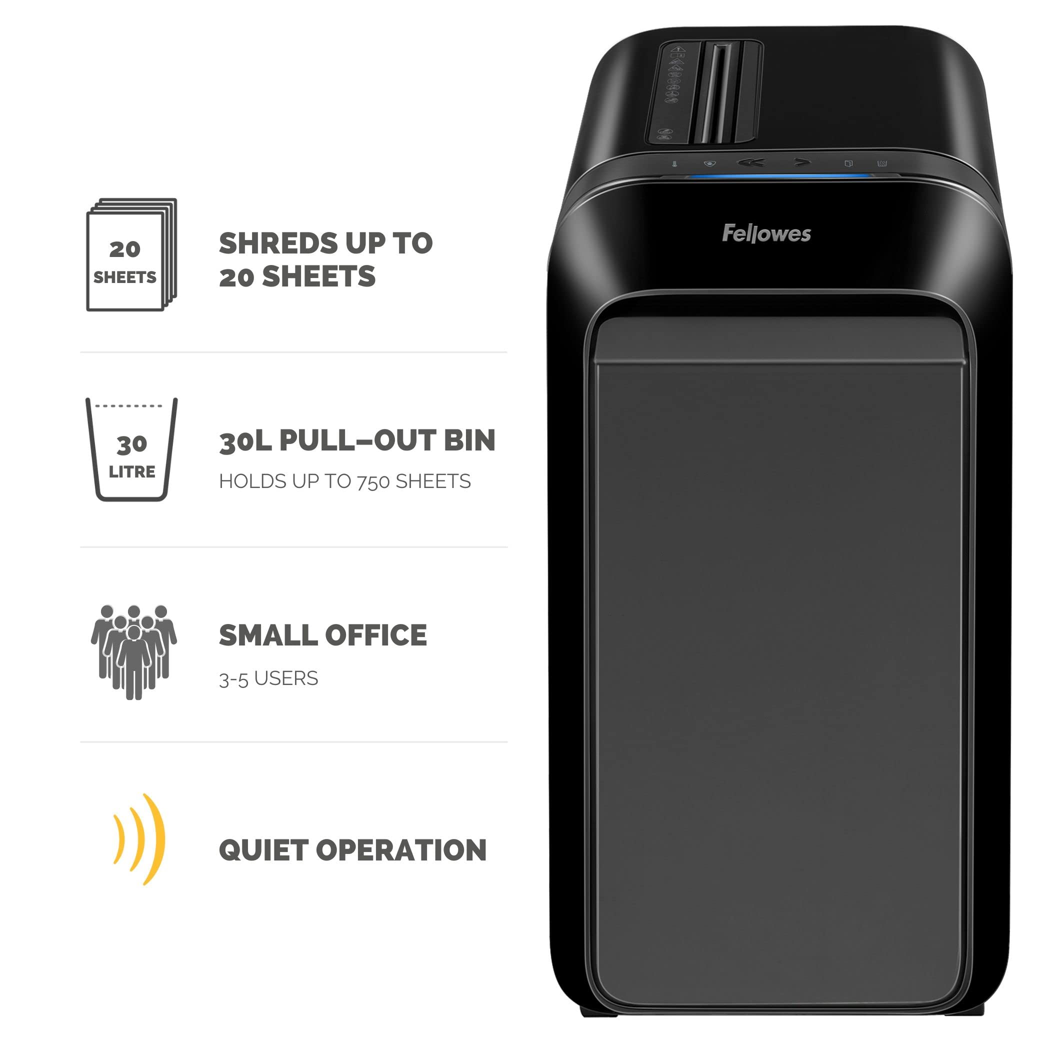 Fellowes 18 Sheet Paper Shredder for Office Use - 100% Jam Proof Cross Cut Shredder - 99Ci Shreds for 30 Minutes - Powershred Office Shredder with Large 34 Litre Pull-Out Bin - DIN Level P4 - Black