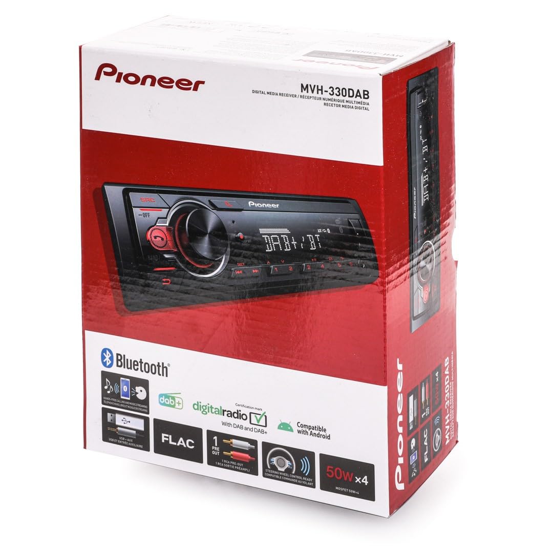 Pioneer MVH-330DAB 1-DIN receiver with DAB/DAB+, Bluetooth, Red illumination, USB and compatible with Android devices.