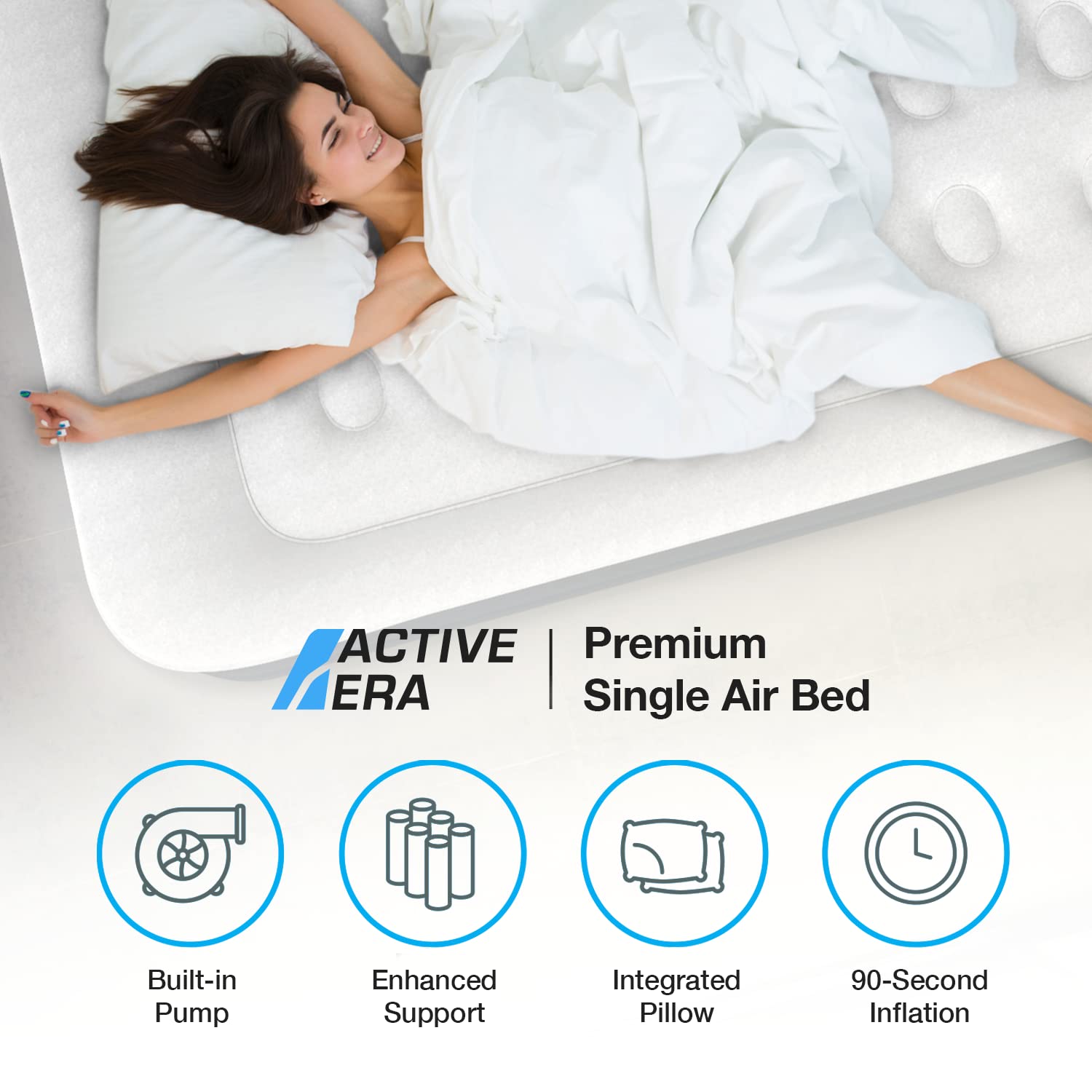 Active Era Premium Single Inflatable Mattress | Airbed for Home with Built-In Pump | 3 Min Self Inflating Blow Up Bed | Flocked Surface & Puncture Resistant Air Bed for Guests & Camping 187x99x53cm