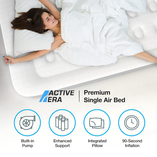 Active Era Premium Single Inflatable Mattress | Airbed for Home with Built-In Pump | 3 Min Self Inflating Blow Up Bed | Flocked Surface & Puncture Resistant Air Bed for Guests & Camping 187x99x53cm