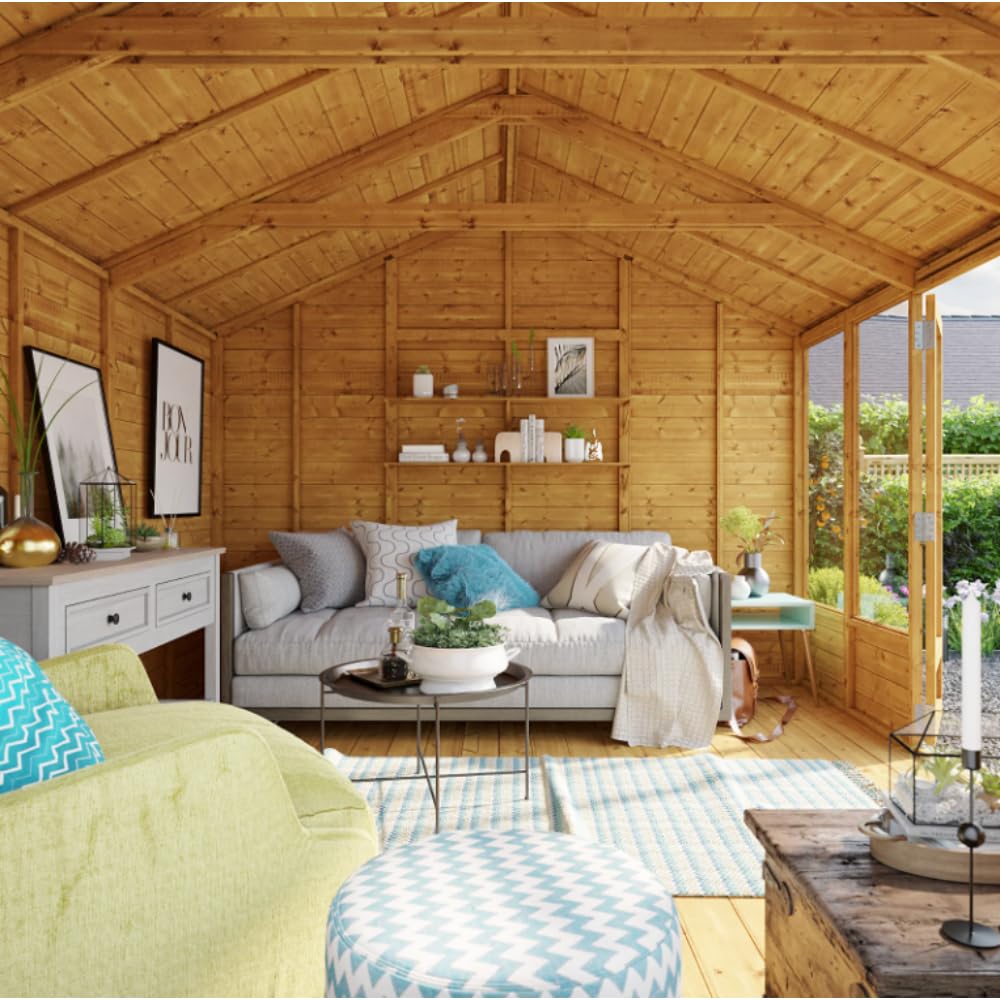 BillyOh Petra 12x10 Reverse Apex Summer House Shed, Log Cabin | Wooden Garden Room with Wide Double Doors, Tear Resistant Felt, Tongue and Groove Construction | Versatile Tiny Home or Garden Office