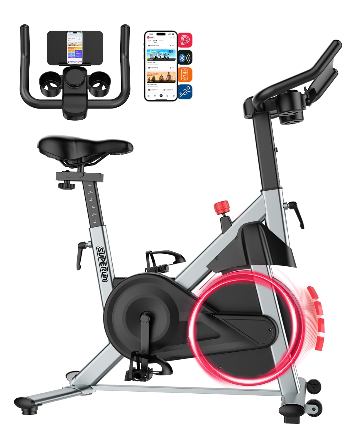 Superun Exercise Bike for Home Use Spin Bike with Adjustable Magnetic Resistance, Stationary Bike with LCD Display and APP, 136 kg Weight Capacity