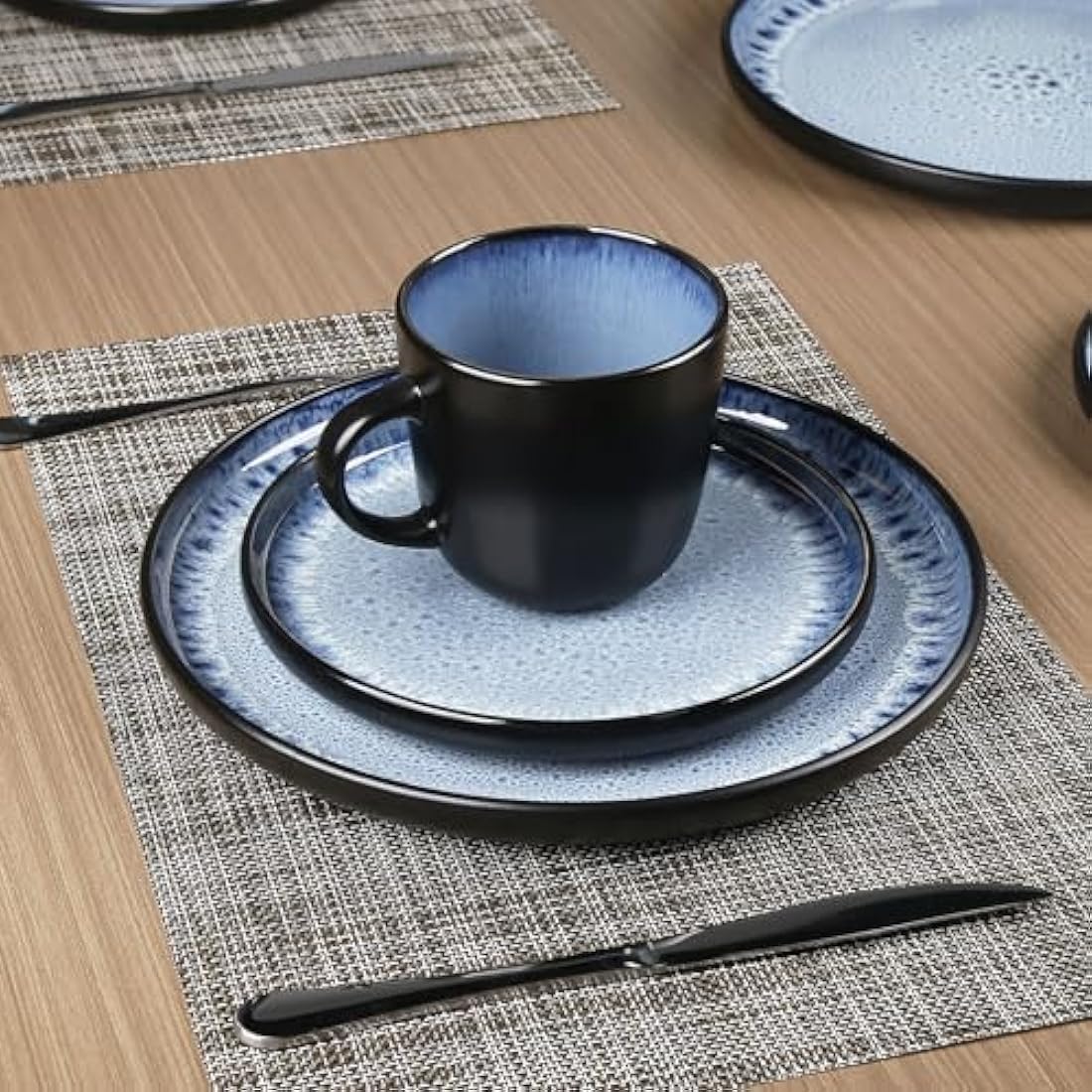 Greentainer Handmade Stoneware Dinnerware Set, Ocean Blue Dinner Set, 16-Piece Dinner Service Set with Dinner Plate, Dessert Plate, Bowl and Mug, Dishwasher & Microwave Safe, Service for 4