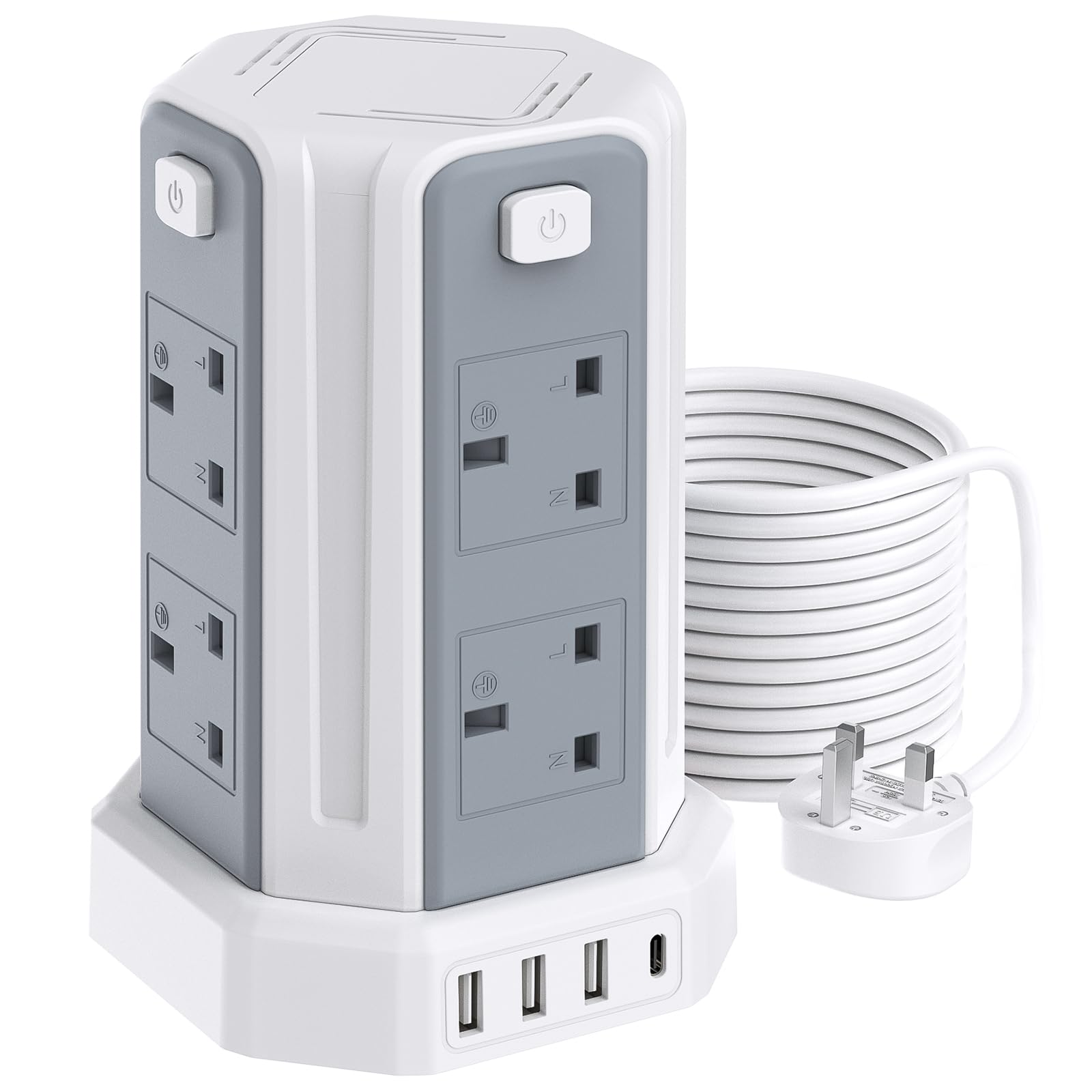 Tower Extension Lead, (3250W 13A) Extension Tower 8 AC Outlets & 4 USB Ports, Surge Protection Extension Lead with 4 Independent Switch, 17W USB C Ports Extension Cable 3M for Office, Home, Kitchen