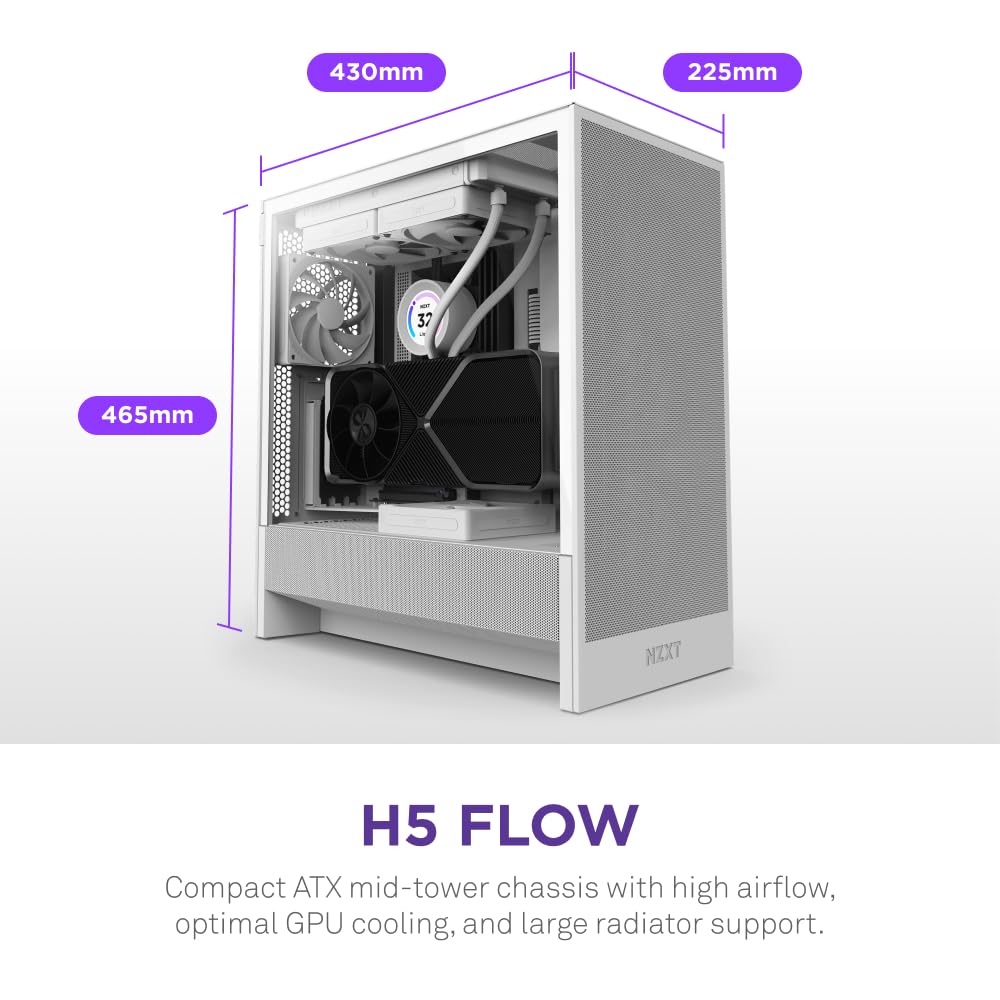 NZXT H5 Flow RGB - Compact ATX Mid-Tower PC Gaming Case - High Airflow - F360 RGB Core (CV) Included - 360mm Front & 240mm Top Radiator Support - Cable Management - Tempered Glass - White