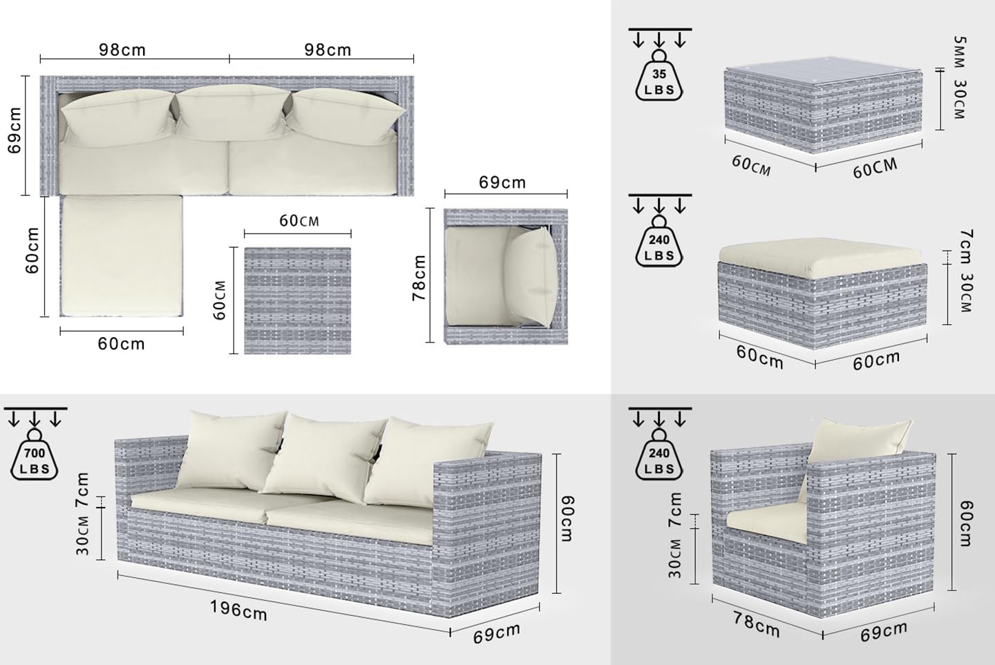 bigzzia Rattan Garden Furniture Set, 4 piece Patio Rattan furniture sofa Weaving Wicker includes 2 Armchairs,1 Double seat Sofa and 1 table (Black)