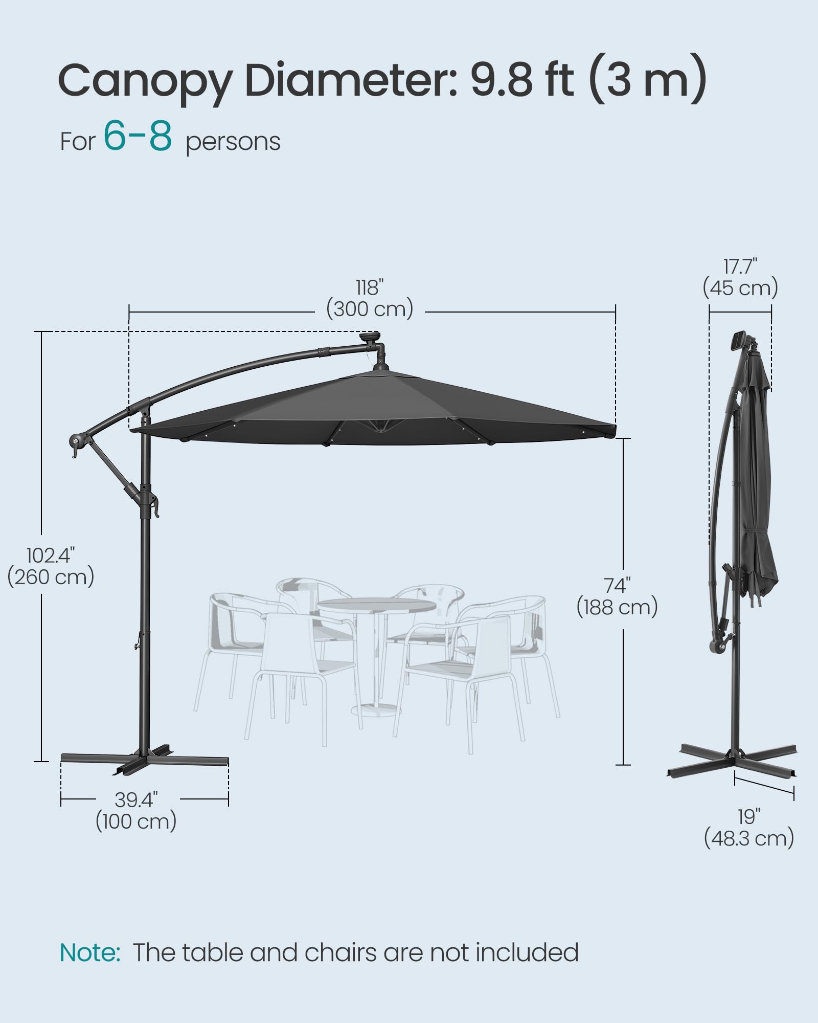 SONGMICS Cantilever Garden Parasol with Solar-Powered LED Lights, 3 m Banana Patio Umbrella with Base, Crank for Opening Closing, Sunshade with Protection UPF 50+, Beige GPU118M01