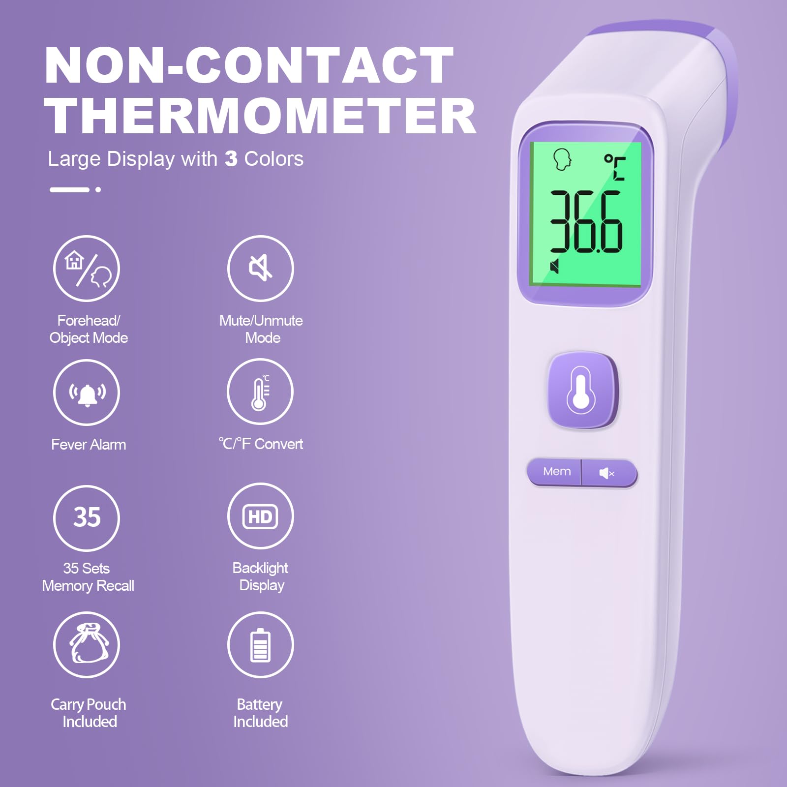 No-Touch Forehead Thermometer for Adults, Infrared Digital Thermometers for Kids, Touchless Baby Thermometer, Accurate Reading with LCD Display, Mute Mode, Memory Recall, Fever Alarm