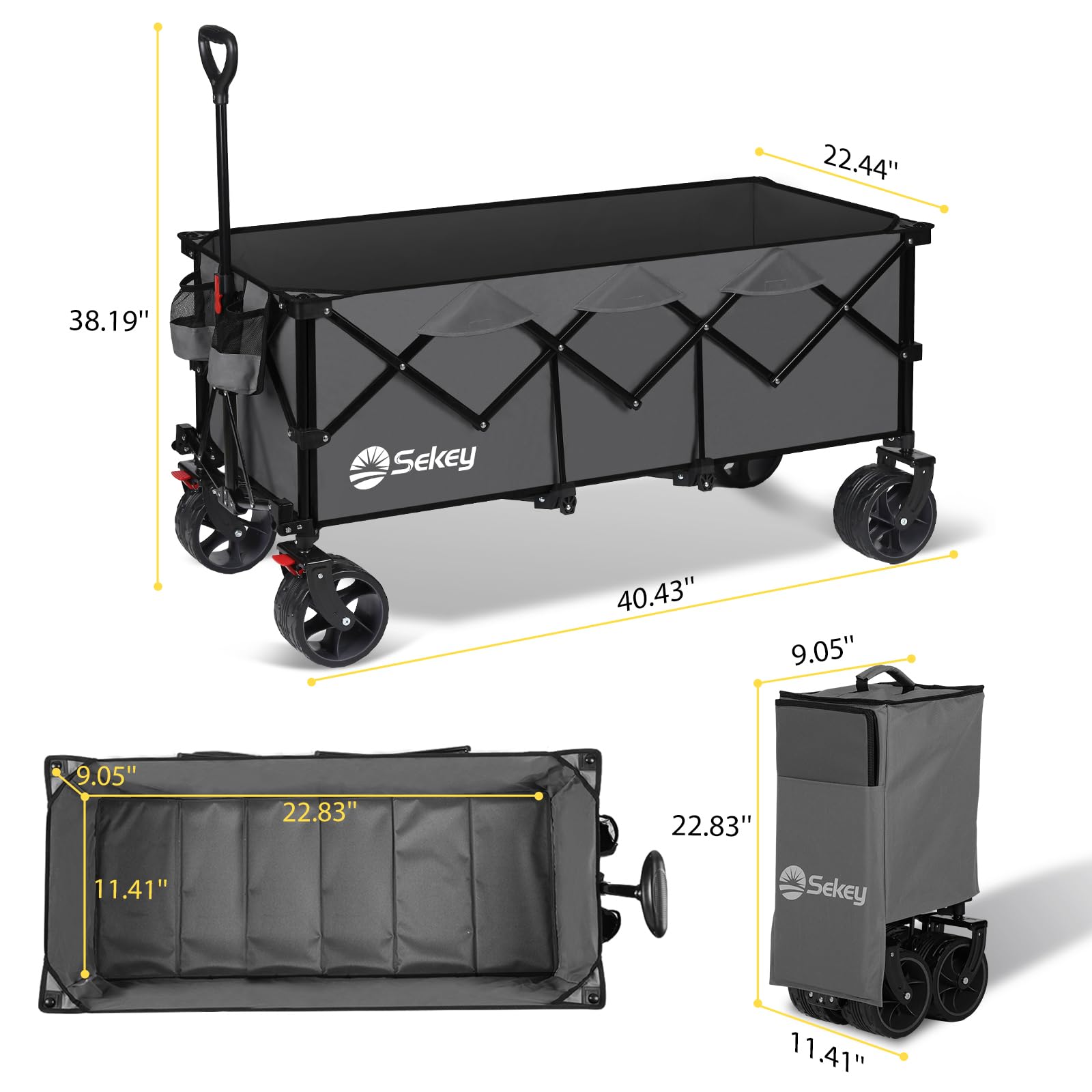Sekey 200L Folding Festival Trolley with All-Terrain Extra Wide Wheels and Brake, Heavy-Duty Cart Loadable up to 150KG, Patented Four-Directional Foldable Design, Wagon for Beach Camping Outdoor, Grey