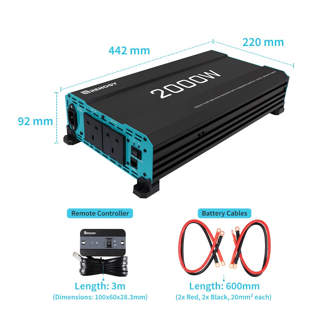 Renogy 2000W Pure Sine Wave Inverter, 4000W Peak 12V DC to 240V AC Power Converter with UK Sockets, UPS Function and Remote Controller for Off-grid, RV, Truck, Boat, Camping, and Home