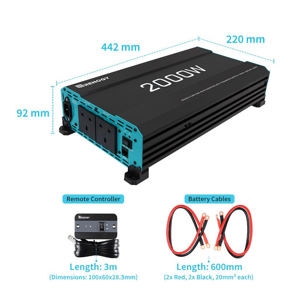 Renogy 2000W Pure Sine Wave Inverter, 4000W Peak 12V DC to 240V AC Power Converter with UK Sockets, UPS Function and Remote Controller for Off-grid, RV, Truck, Boat, Camping, and Home