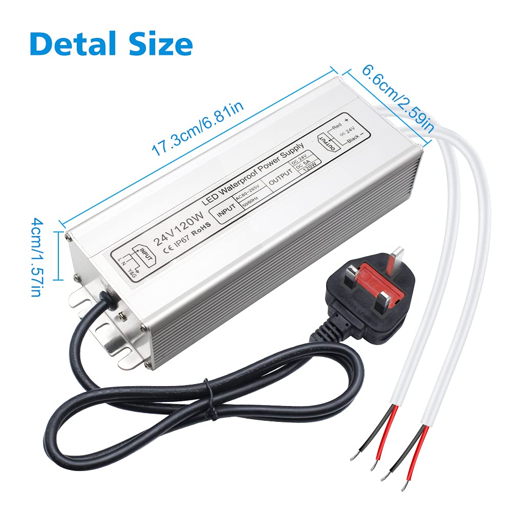 inShareplus LED Power Supply, 24V 120W IP67 Waterproof Outdoor Driver, AC 80-265V to DC 24V 5A Low Voltage Transformer, Adapter with 3-Prong Plug for