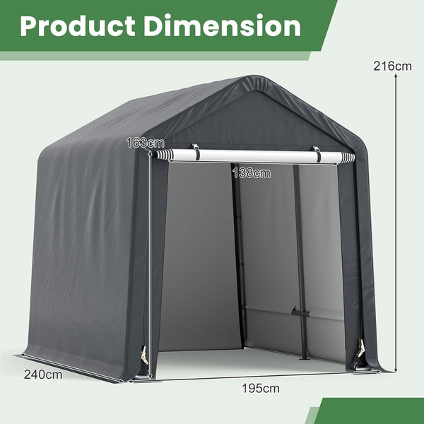 COSTWAY 7x5.2FT Garden Storage Shed, Waterproof Bike Tent with Roll-up Zipper Door, Ratchet Strap & Ground Stakes, Galvanized Steel Motorcycle Storage Shelter Carport for Patio Yard Garage