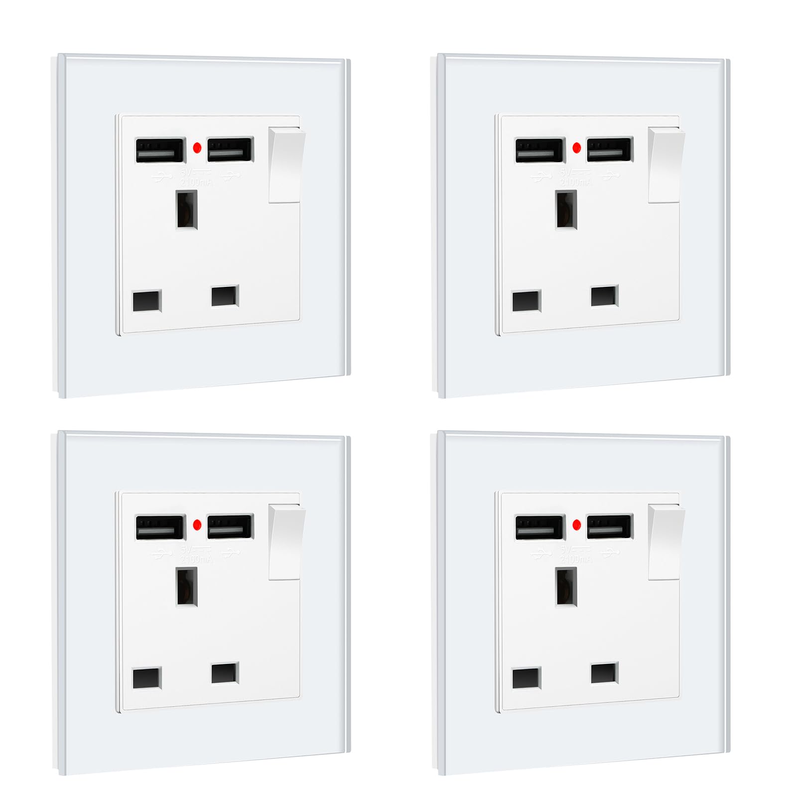 BSEED Double Socket 13A with LED Indicator, Double Switched Wall Socket 2 Gang UK Standard, Electric Switched Plug Power Wall Outlet with Glass Panel, Grey