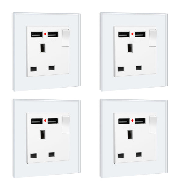 BSEED Double Socket 13A with LED Indicator, Double Switched Wall Socket 2 Gang UK Standard, Electric Switched Plug Power Wall Outlet with Glass Panel, Grey