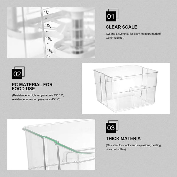 7 in 1 Sous Vide Container 12L with Lid & Rack, Large Kitchen Food Storage Container Compatible with Most Sous Vide Cookers for Kitchen Sous Vide Food