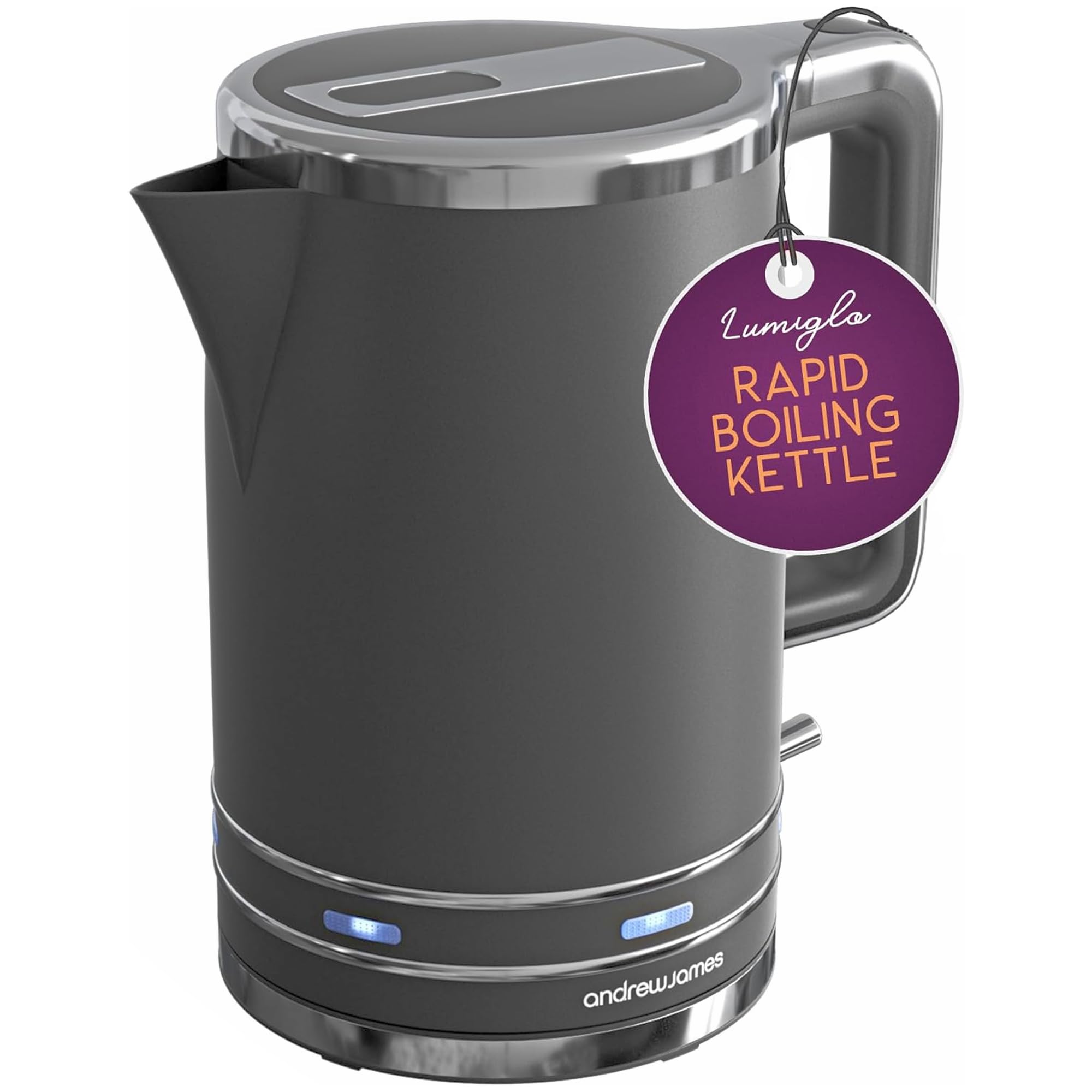 Andrew James Fast Boil Electric Kettle, Large 1.7L Capacity, Cordless Quiet Kettle with Reusable Filter, Quick Boil, Modern, Stylish, Practical, Lumiglo 3000W (Black)
