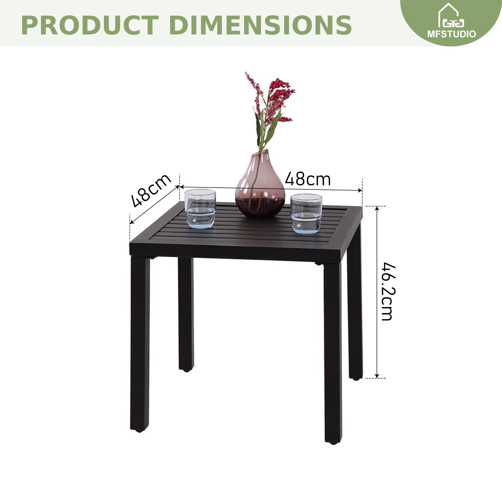 MFSTUDIO Garden Table, Metal Square Coffee Table, Tea Bistro Side Table, Small Outdoor Table, Weather Resistant, Black