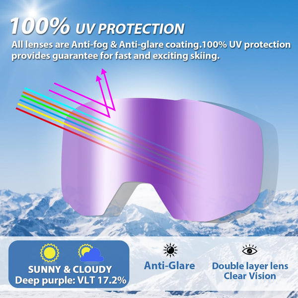 EXP VISION Ski Goggles, Anti fog Snow Snowboard Goggle OTG Dual lens with 100% UV400 Protection for Men Women (Black Frame-Purple)