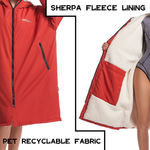 Hiturbo Waterproof Adult Changing Robe: Windproof Warm Swimming Robe Oversized Coat Surf Poncho with Fleece Lining Red