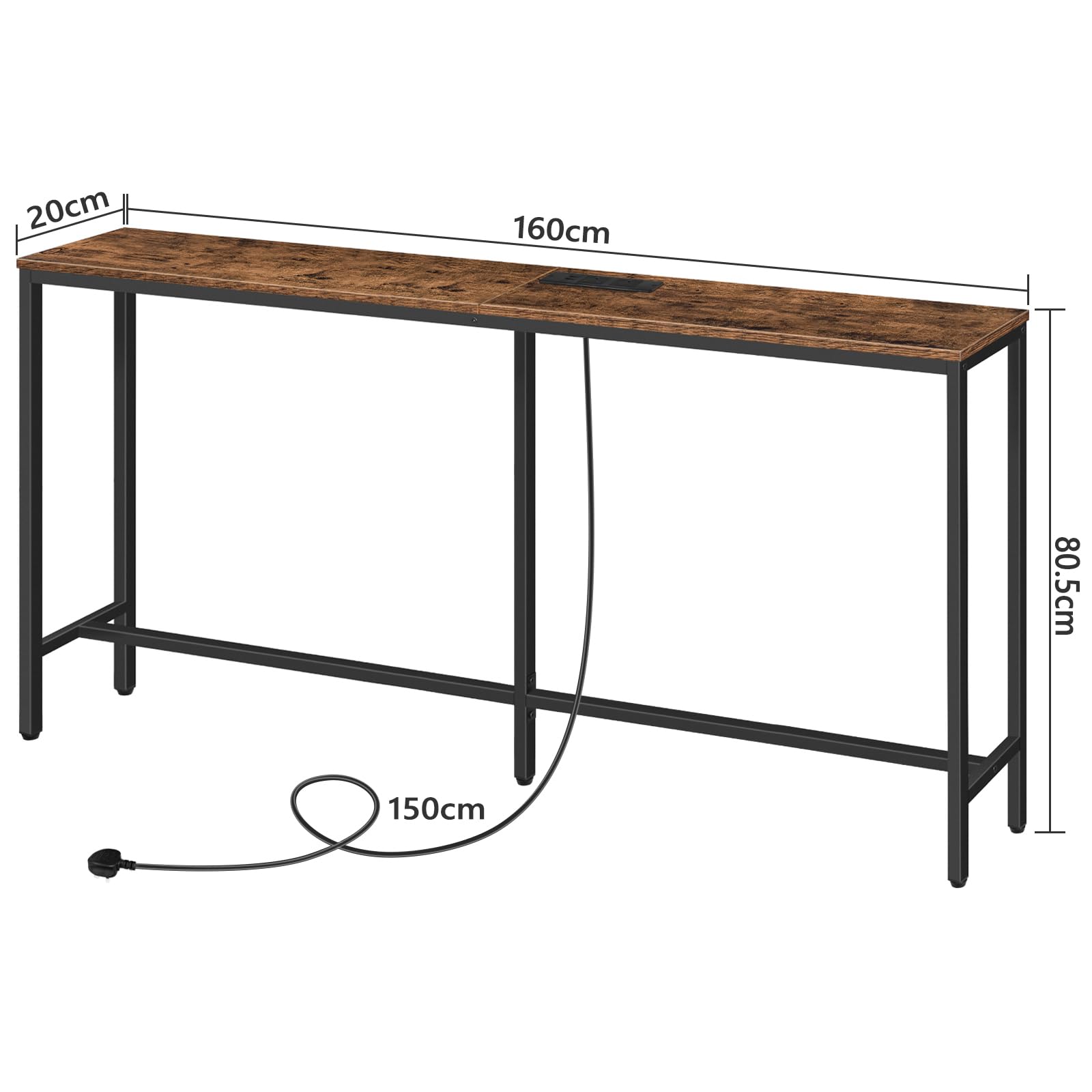 MAHANCRIS Console Table with Power Outlet, 160 cm Narrow Sofa Table, Industrial Entryway Table with USB Ports for Entryway, Hallway, Foyer, Living