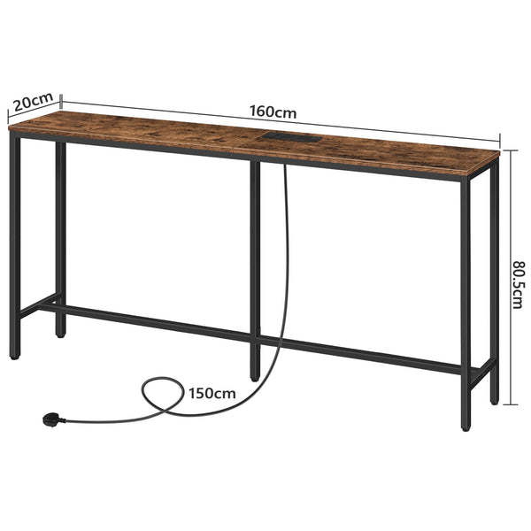 MAHANCRIS Console Table with Power Outlet, 160 cm Narrow Sofa Table, Industrial Entryway Table with USB Ports for Entryway, Hallway, Foyer, Living