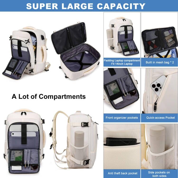 Cabin Bags 40x20x25 for Ryanair Underseat 20L Small Travel Hand Luggage Backpack Carry-ons Bag Cabin Size for Airplanes Flight Bag Travel Rucksack Fit 14 Inch Laptop with USB Charging Port-Black