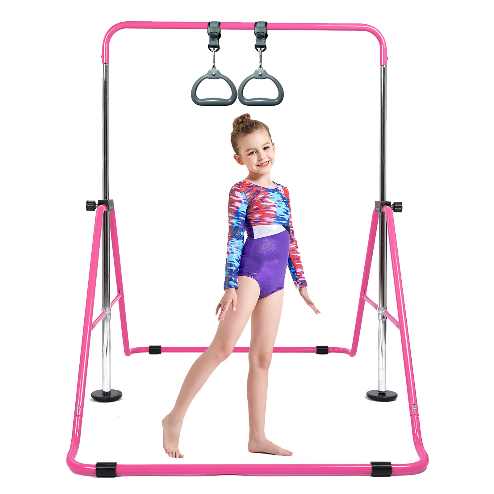 Gymnastic Bar Kids with Flying Ring Folding Adjustable Height Horizontal Gift Set, Expandable Gym Training Bar Equipment for Boys Girls Color Pink