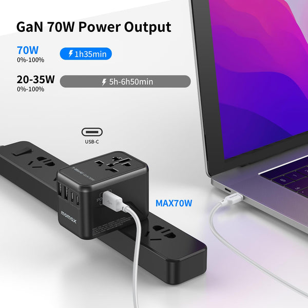 MOMAX Universal Travel Adapter,70W GaN Travel Plug Adapter with UK/EU/AU/US Plugs, 3USB-C PD & 2USB-A QC International Adapter Charger, Adapter Plug for Laptops Phones Vision Pro 1-World-Purple