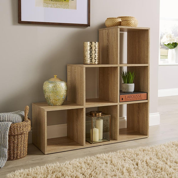 Home Source Step Style Storage 6 Cube Bookcase Wooden Display Staircase, Oak Effect