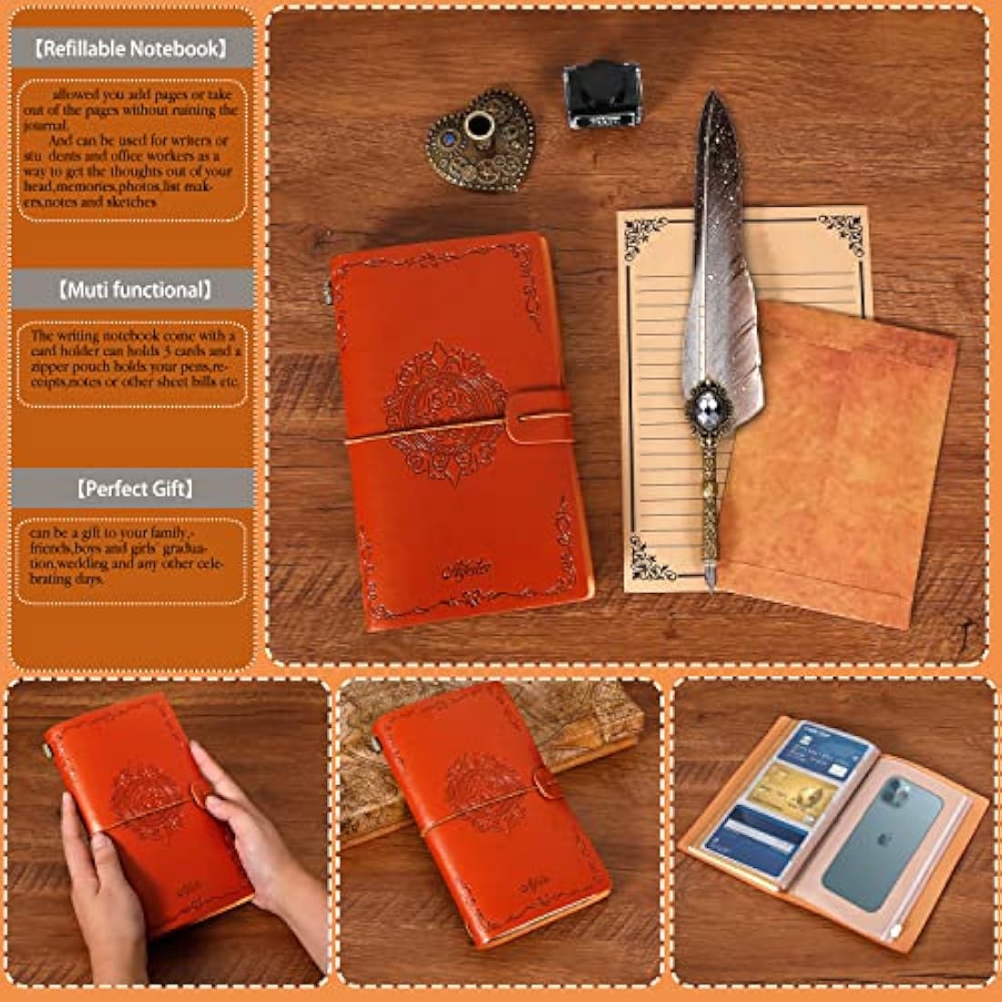 MPRINCE Feather Pen Ink Set,Includes Quill Pen,Notebook,Ink,5 Replaceable Nibs,Pen Holder,Cup,Seal Stamp,Spoon,Wax Bead,White Wax,Envelope & Letter Paper Etc-Grey