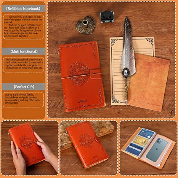 MPRINCE Feather Pen Ink Set,Includes Quill Pen,Notebook,Ink,5 Replaceable Nibs,Pen Holder,Cup,Seal Stamp,Spoon,Wax Bead,White Wax,Envelope & Letter Paper Etc-Grey