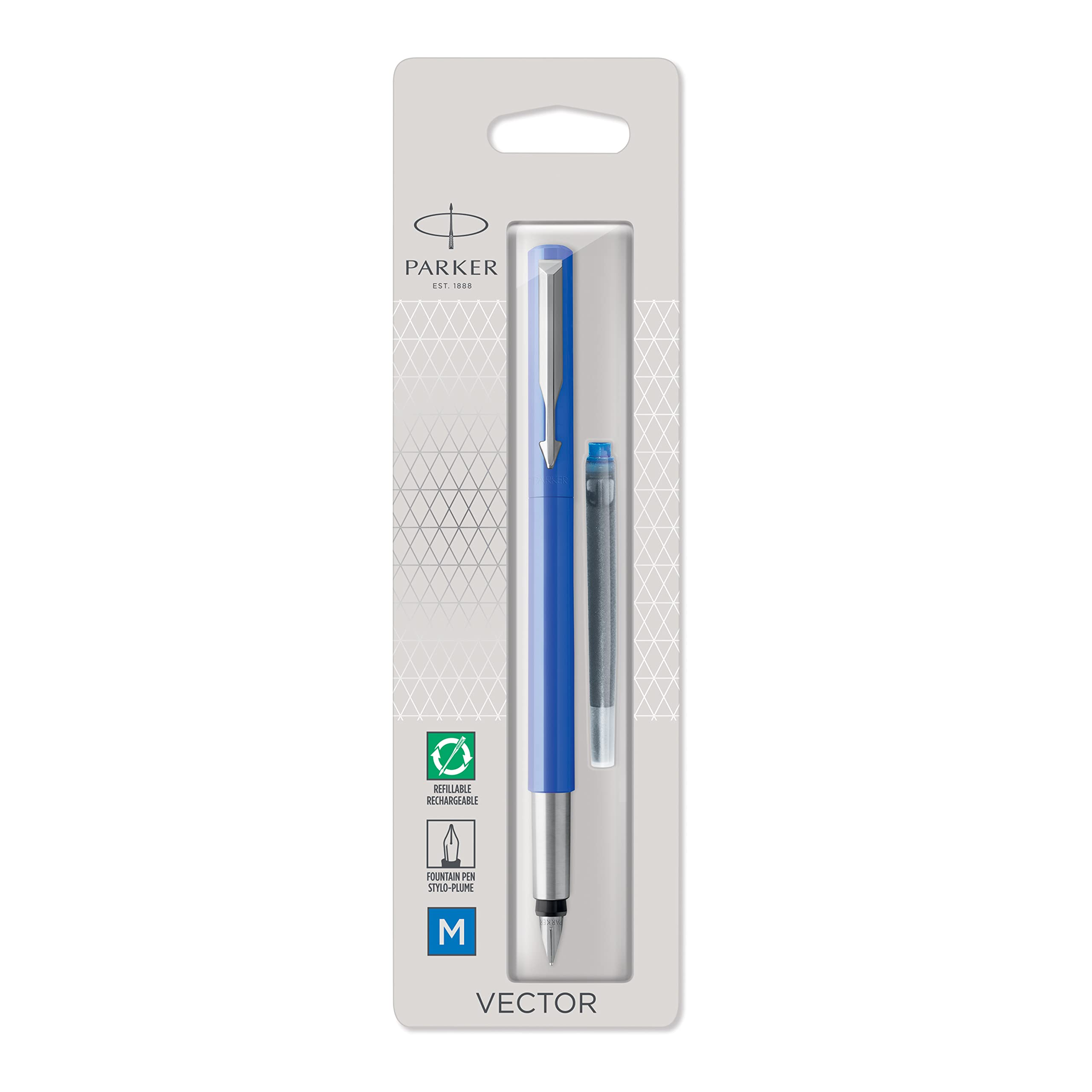 Parker Vector Fountain Pen | Black with Chrome Trim | Medium Nib | Blue Ink | Hangtab