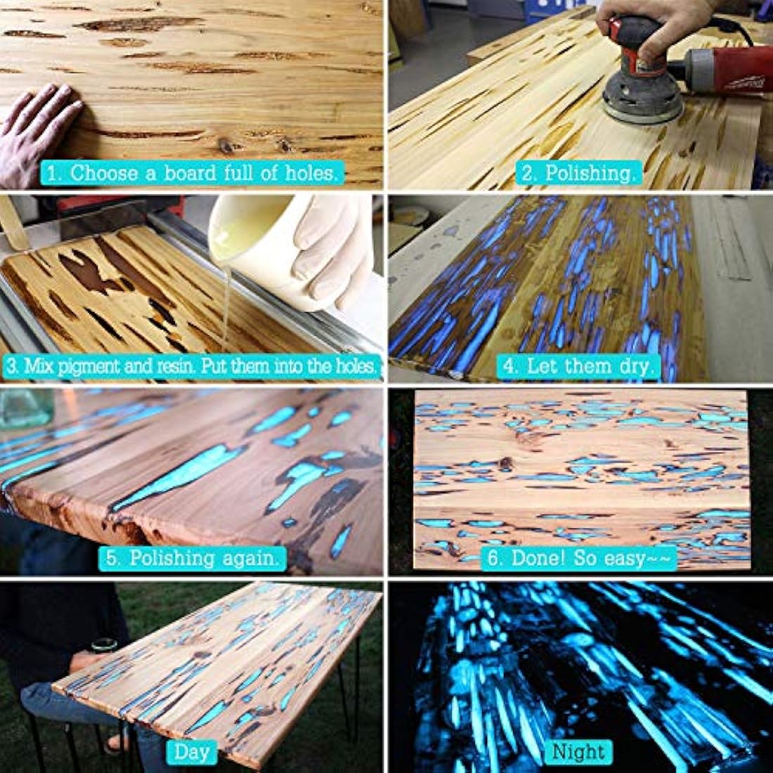 10 Colour Glow In The Dark Pigment Powder with UV Lamp - Epoxy Resin Luminous Powder Skin Safe Long Lasting Self Glowing Dye for DIY Nail Art,Acrylic Paint,Fine Art, 20g Each(Total 7oz)