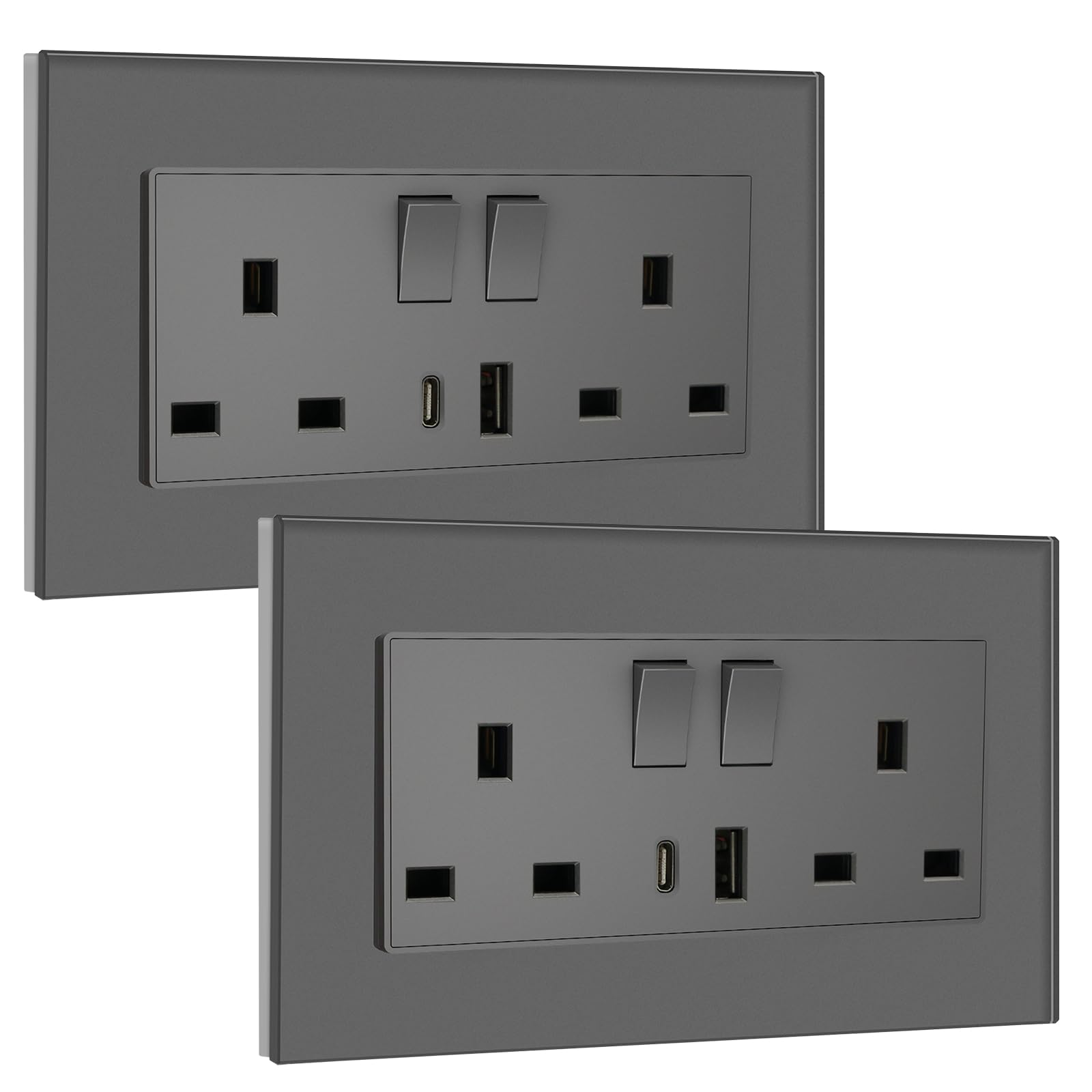 BSEED Double Socket 13A with LED Indicator, Double Switched Wall Socket 2 Gang UK Standard, Electric Switched Plug Power Wall Outlet with Glass Panel, Grey