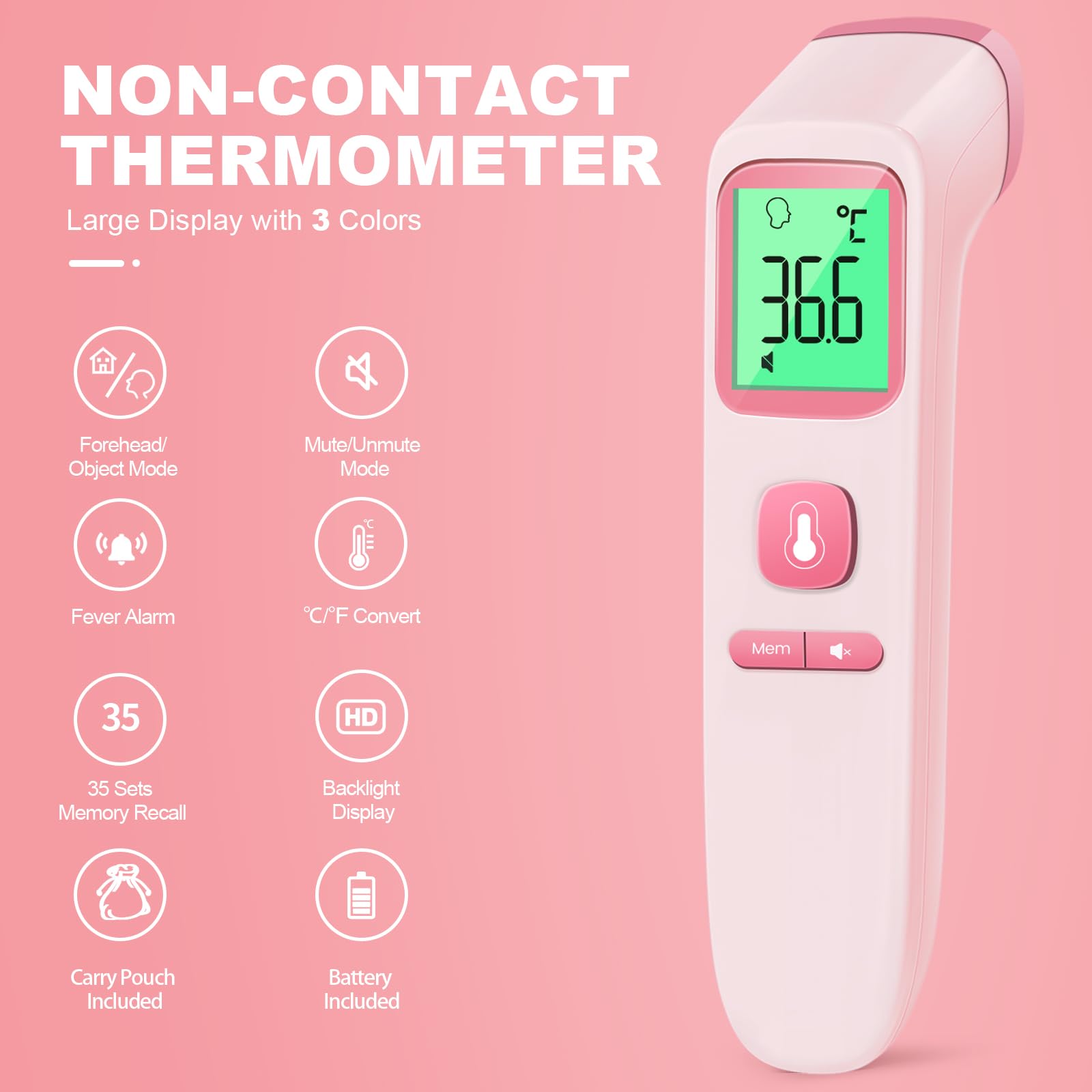 No-Touch Forehead Thermometer for Adults, Infrared Digital Thermometers for Kids, Touchless Baby Thermometer, Accurate Reading with LCD Display, Mute Mode, Memory Recall, Fever Alarm