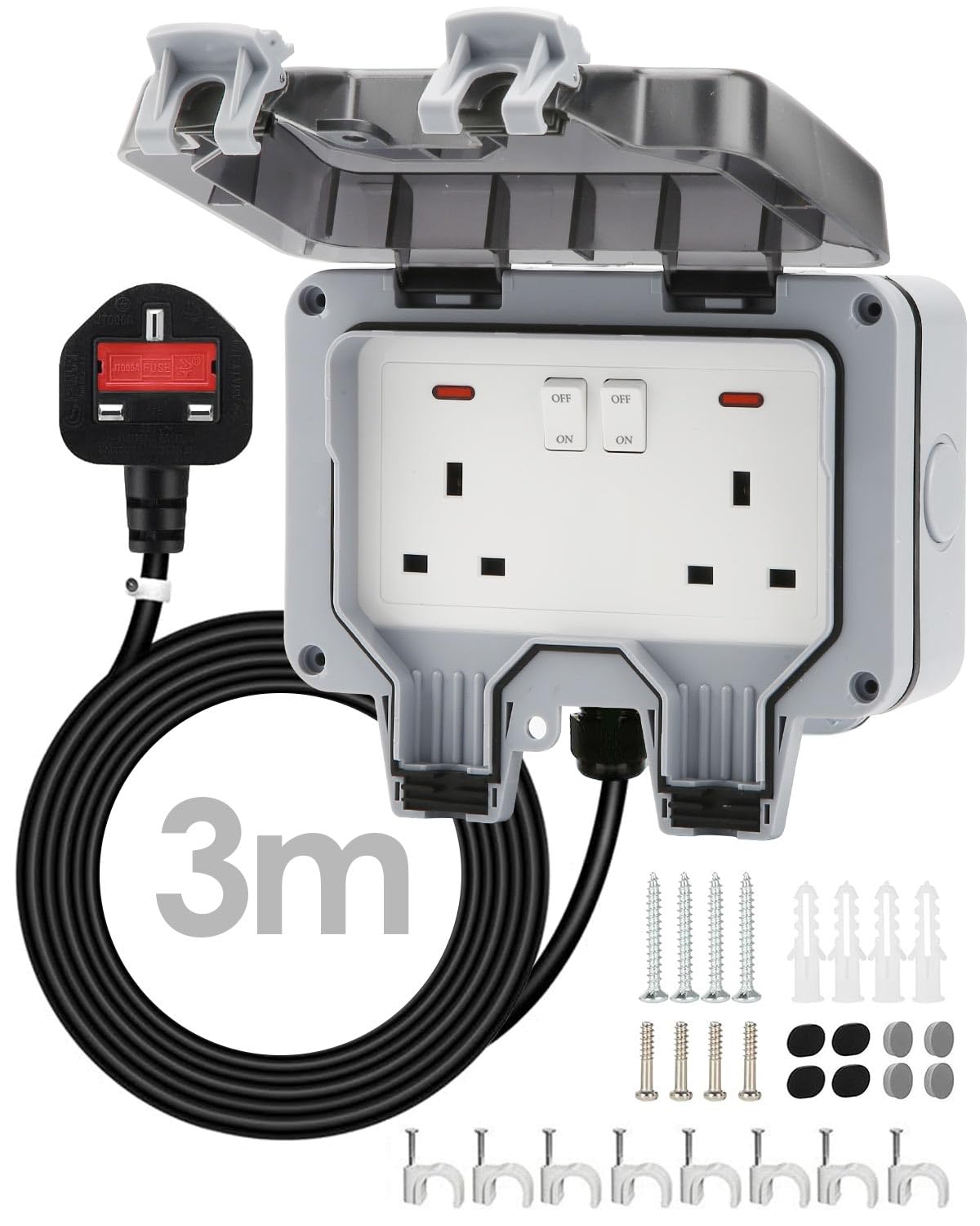 Zenmos Double Outdoor Socket 3M Extension Lead, Outdoor Plug Sockets Waterproof IP66, 13Amp 2 Gang Outside Plug Socket Waterproof, Switch Indicator Light Garden Wall Electrical Outlet Cover Box
