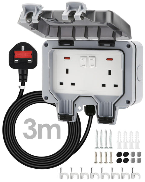 Zenmos Double Outdoor Socket 3M Extension Lead, Outdoor Plug Sockets Waterproof IP66, 13Amp 2 Gang Outside Plug Socket Waterproof, Switch Indicator Light Garden Wall Electrical Outlet Cover Box