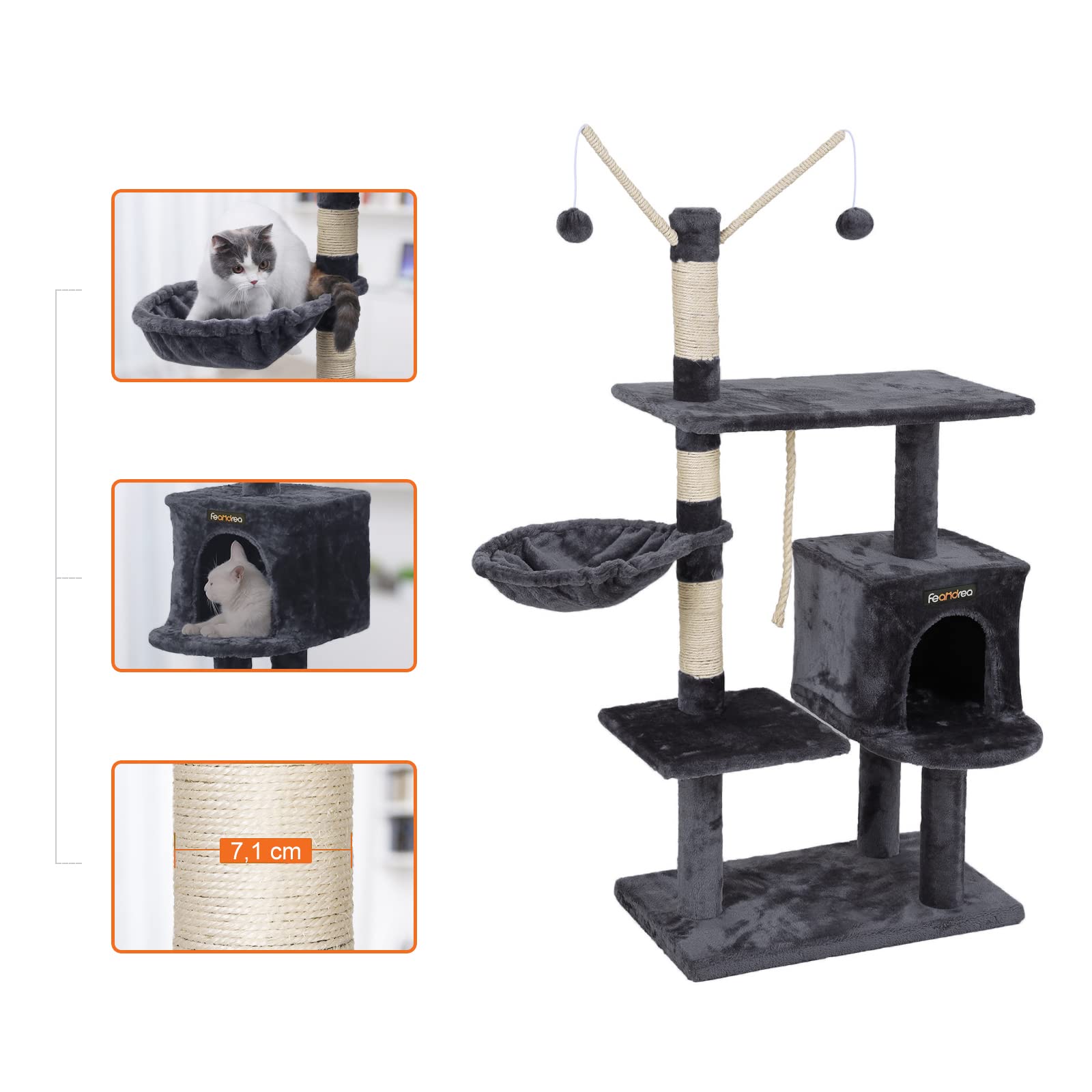 FEANDREA 134 cm Cat Tree Scratcher with big platform cat houses horsetail decorative balls Grey M PCT35G